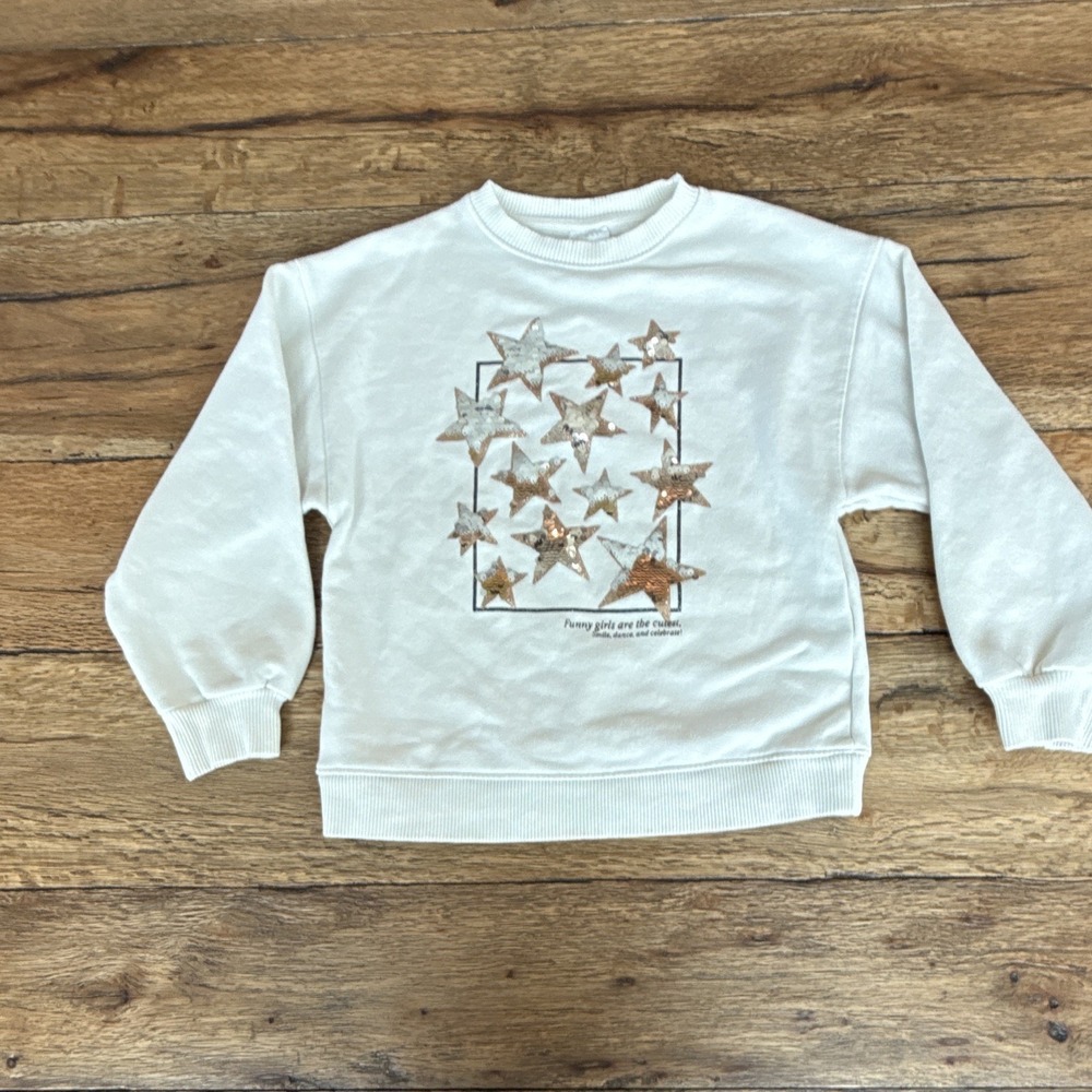Zara Girls 8 White Crew Neck Pullover Sweatshirt Sequin Star Cotton Fleece - Picture 1 of 8